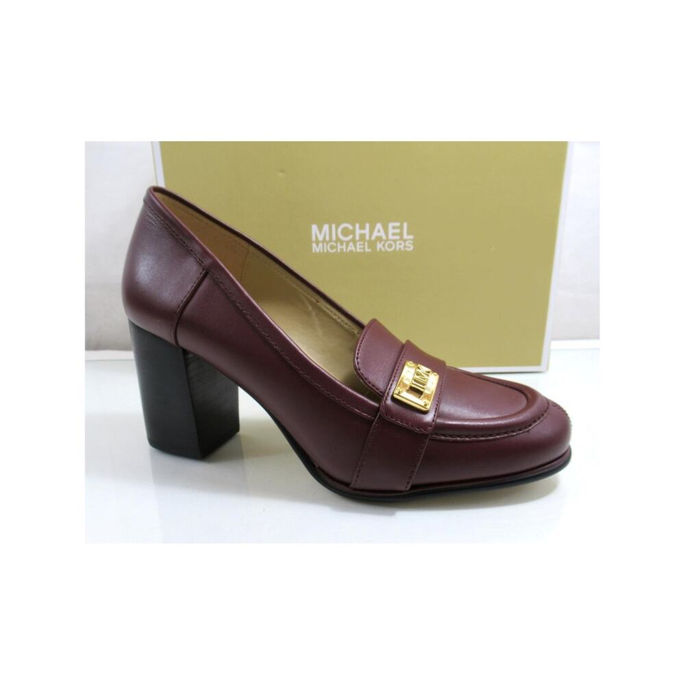 Michael Kors Padma Mid Loafer Pumps Block Heel Leather Merlot Burgundy Size 7